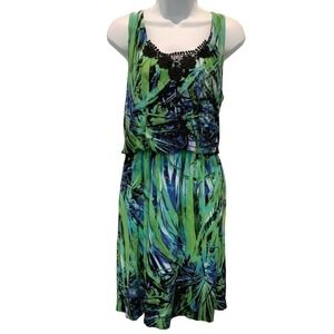 EMMA & MICHELE STRETCH KNIT TROPICAL BLOUSON SCOOP NECK TANK DRESS 14